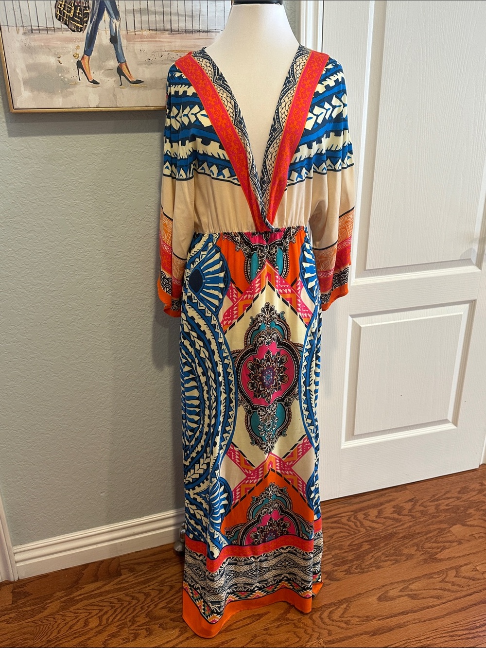 Flying Tomato Sz Large  Bold Printed V-Neck Maxi Dress in Blue, Orange, Cream